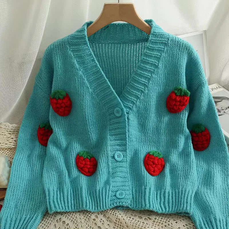 Three Dimensional Strawberry Cardigan Sweater Women's 2022 New Solid Color Single Breasted V-neck Long Sleeved Knitted Top