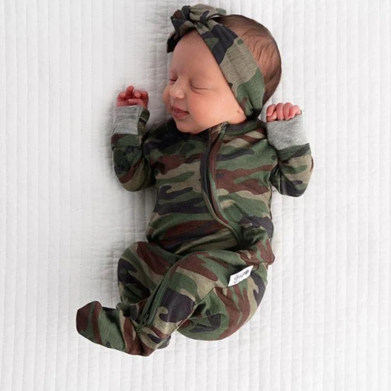 Infant Toddlers Baby Boys Rompers Long Sleeve Camouflage One-piece Romper Headband Two-piece Suits