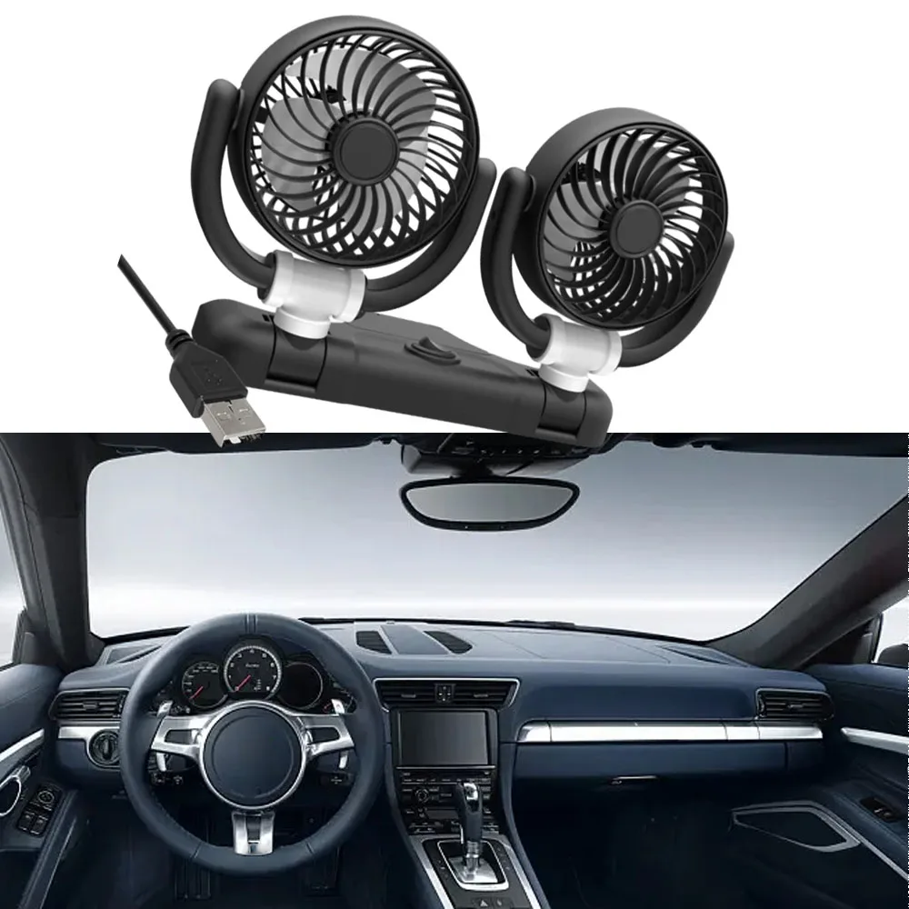 5/12/24V Car Fan Cooling with Parking Plate Dual Head USB/Cigarette Lighter 2 Speeds Adjustable Cooler Air Fan Wind Regulation