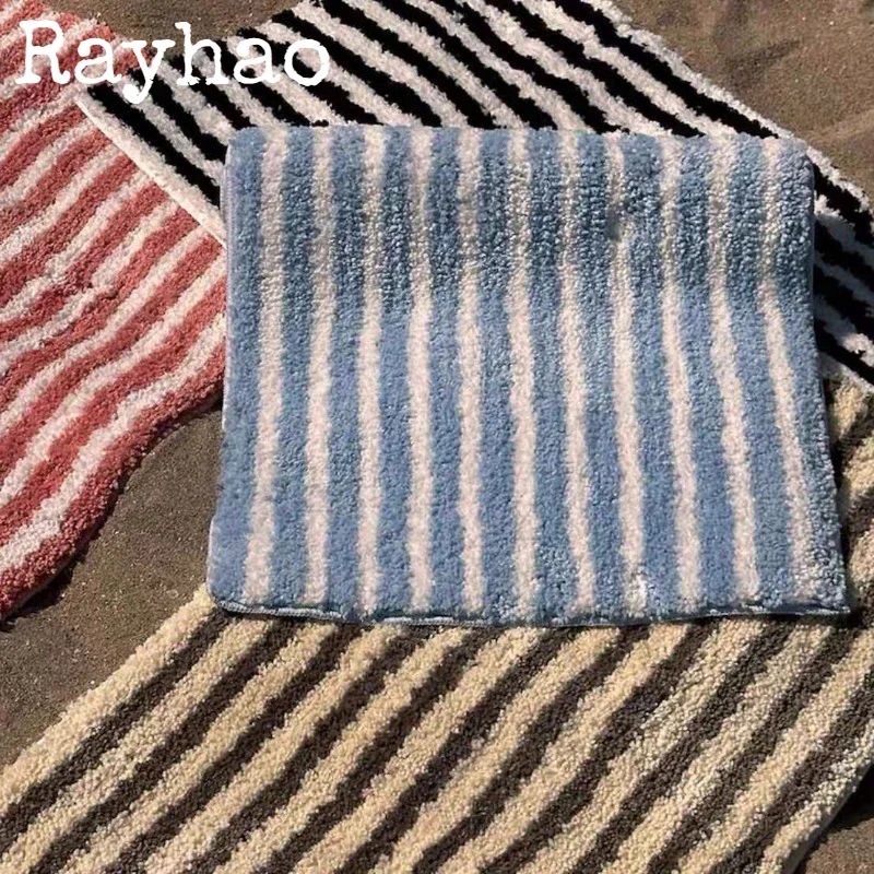 

Flocking Striped Carpet Light Luxury Simple Nordic Bedroom Bedside Rugs Bathroom Non-slip Quickly Absorbent Thickened Floor Mat