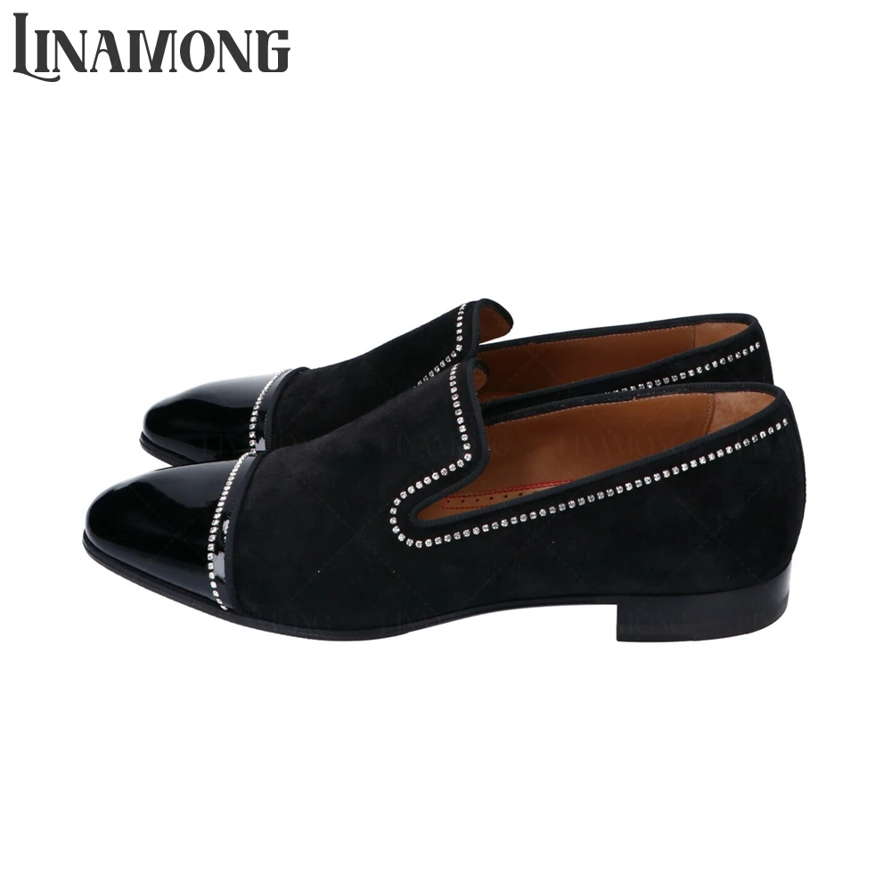 Velvet and Patent Leather Rivet Loafers Crystal Line Dress Shoes Multicolor Suede Patent Leather Rhinestone Flat Loafers for Men
