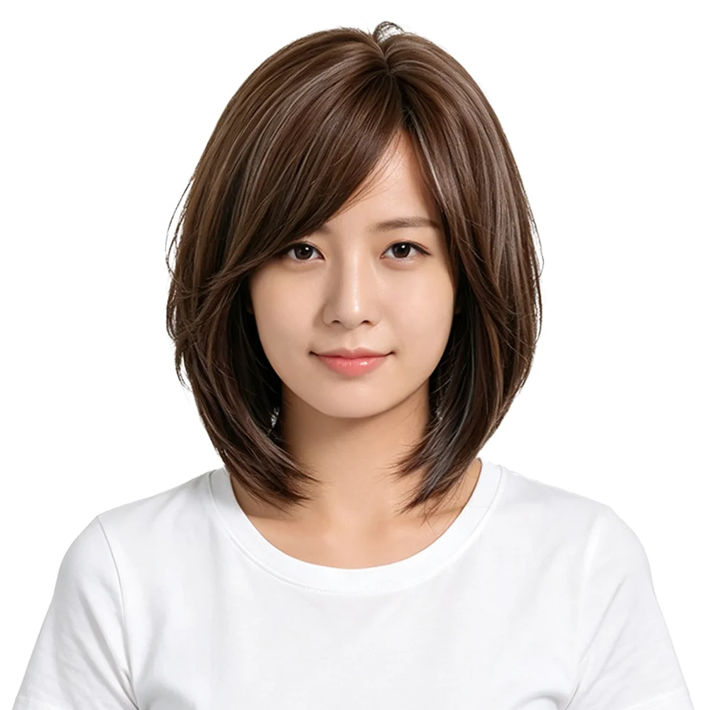 Brown Straight Short Bob Wig Shoulder Length Layered Side Part Bangs Wig Natural Hairline Soft Synthetic Hair For Women Daily
