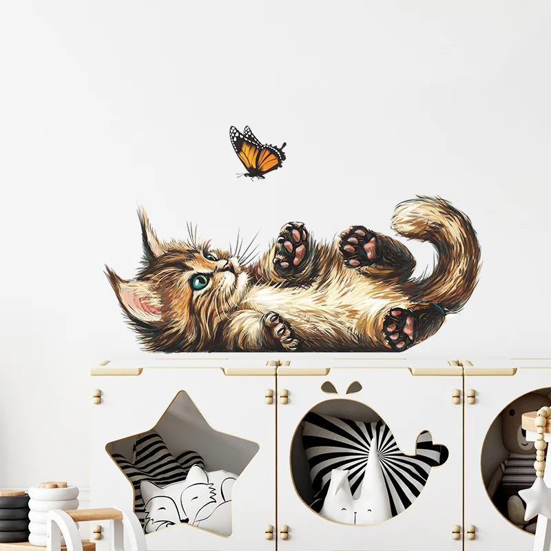 Cute Kitten Butterfly Playing Wall Sticker Kids Room Bedroom Mural Bathroom Wallpaper Home Decor Cartoon Cat Stickers