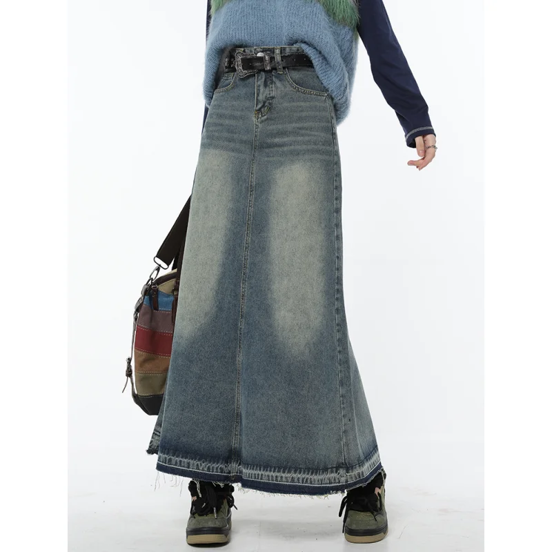 Women Blue Denim Half Body Skirt Gradient High Waist Tassels Casual Korean Mid Length Bottoms Baggy Vintage Female Long Skirt