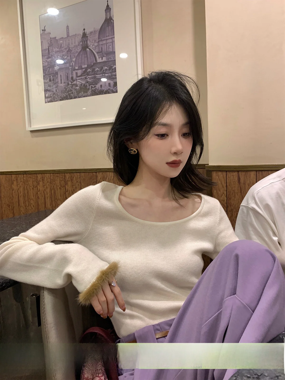 

Spring Autumn New Sle Women's Knitted Sweater Mink Fur Splicing Lazy Wool Base irt Casual Sle Slim Fit Long Sve