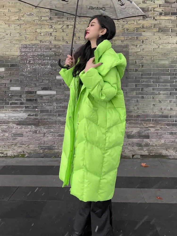 루즈핏 롱 한국 스타일 여성용 다운 재킷, 화이트, 무릎 아래까지 오는 패셔너블한 겨울 외투, 메모리 원단