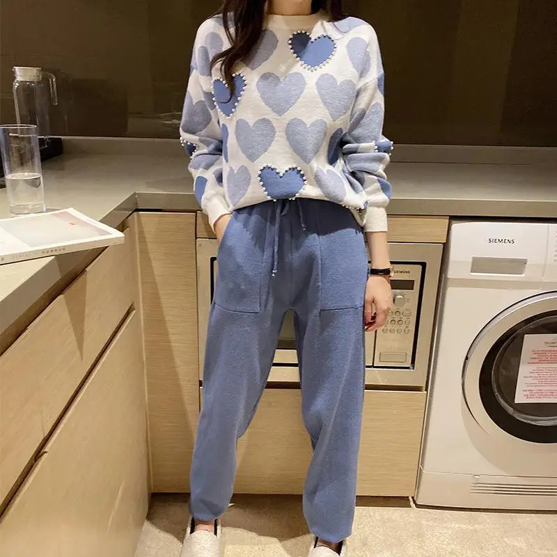 

Women Two-piece Knitted Pullover and Harem Pants Casual Embroidered Flares Outfits Fashion Sweater Winter Warm Suit T08