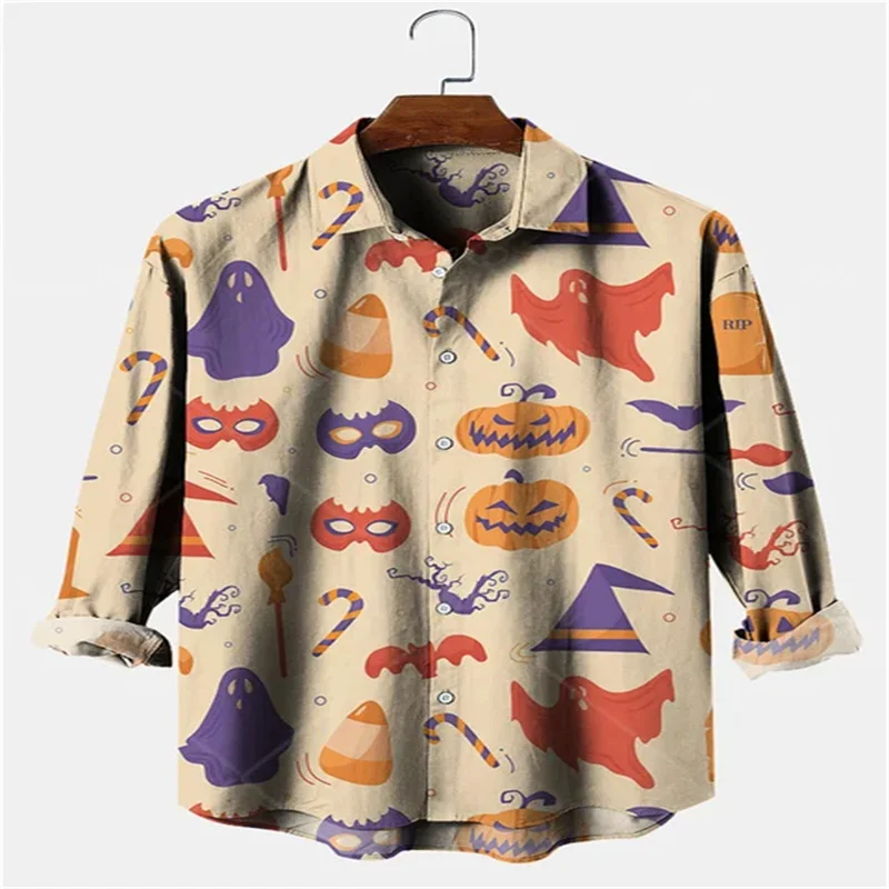 2025 men's horror printed long sleeved shirt Halloween holiday polyester fiber comfortable