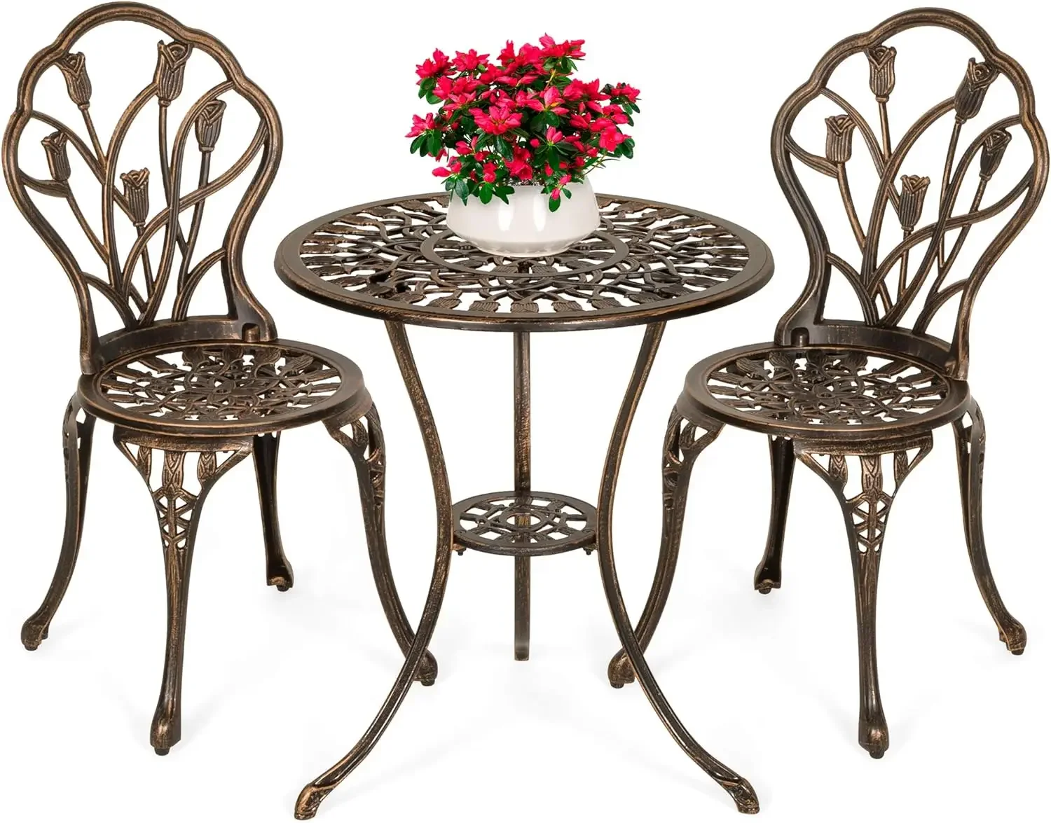 

3-Piece Outdoor Rust-Resistant Cast Aluminum Patio Bistro Set w/Tulip Design, Antique Finish - Copper