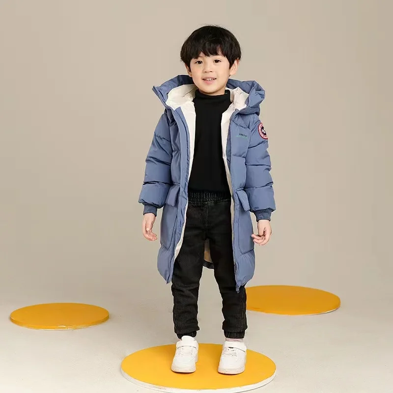 2024 New Winter Boys Jacket Solid Color Mid-Length Keep Warm Cold Protection Hooded Down Cotton Windbreaker Coats For