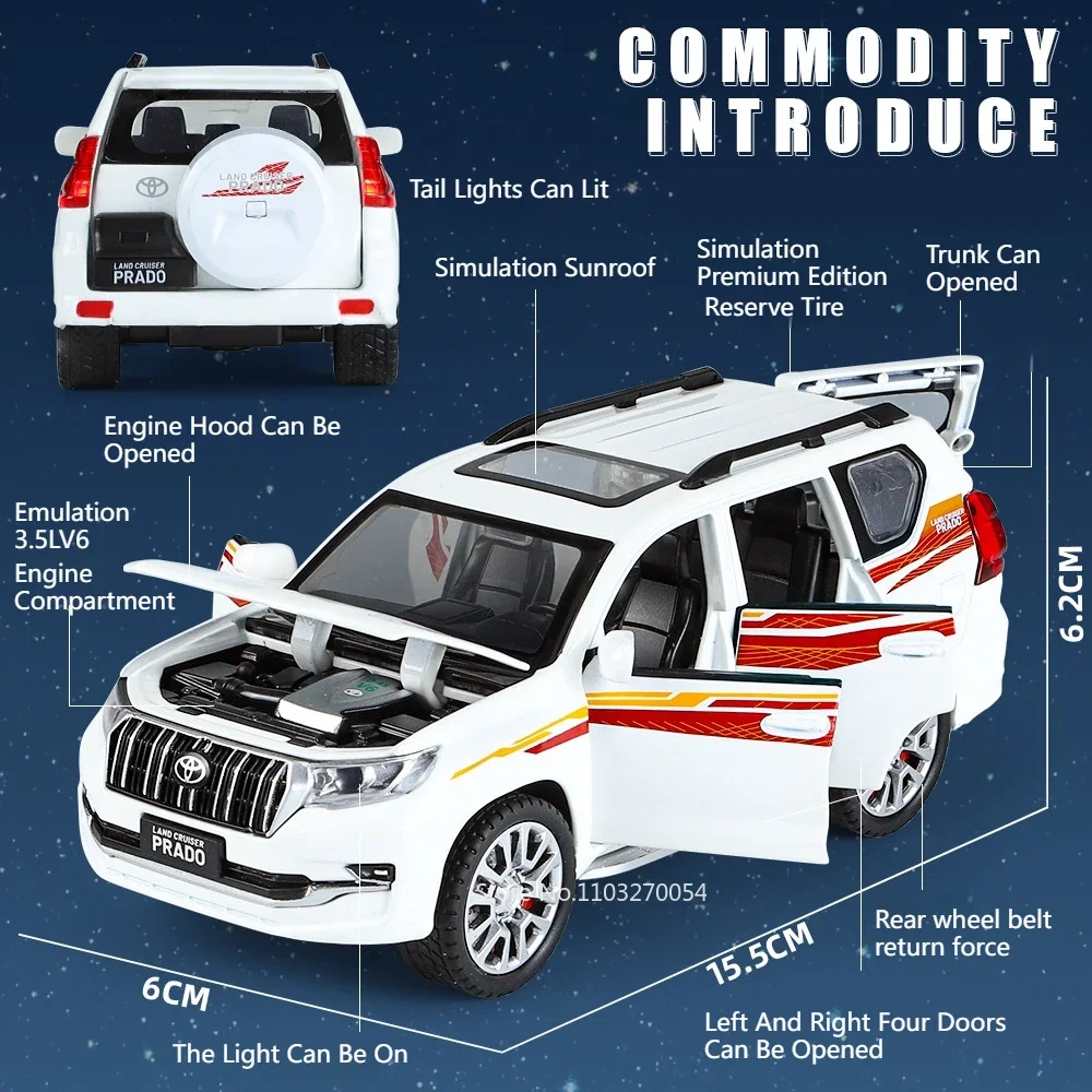 1:32 Prado Land Cruiser LC300 Politieauto Metalen Model Speelgoed Legering Diecast Voertuig Rubberband Geluid Licht Trek Speelgoed Cadeau voor Kid