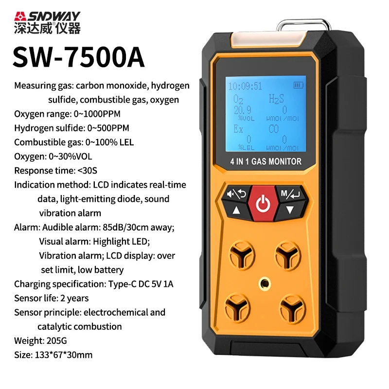 

Gas Detector Meter 4 in 1 Gas Analyzer Leak Detector For Oxygen O2 Carbon Monoxide CO H2S Ex Combustible SNDWAY SW-7500A