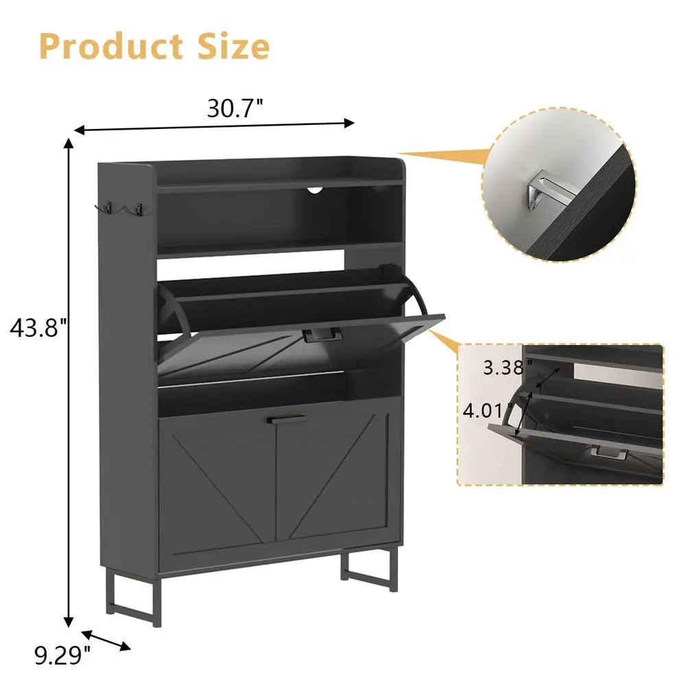 Cabinet with 2 Flip Drawers, Freestanding Hidden Shoe Storage Organizer for Entryway, Narrow Slim Shoe Rack Cabinet with Open S