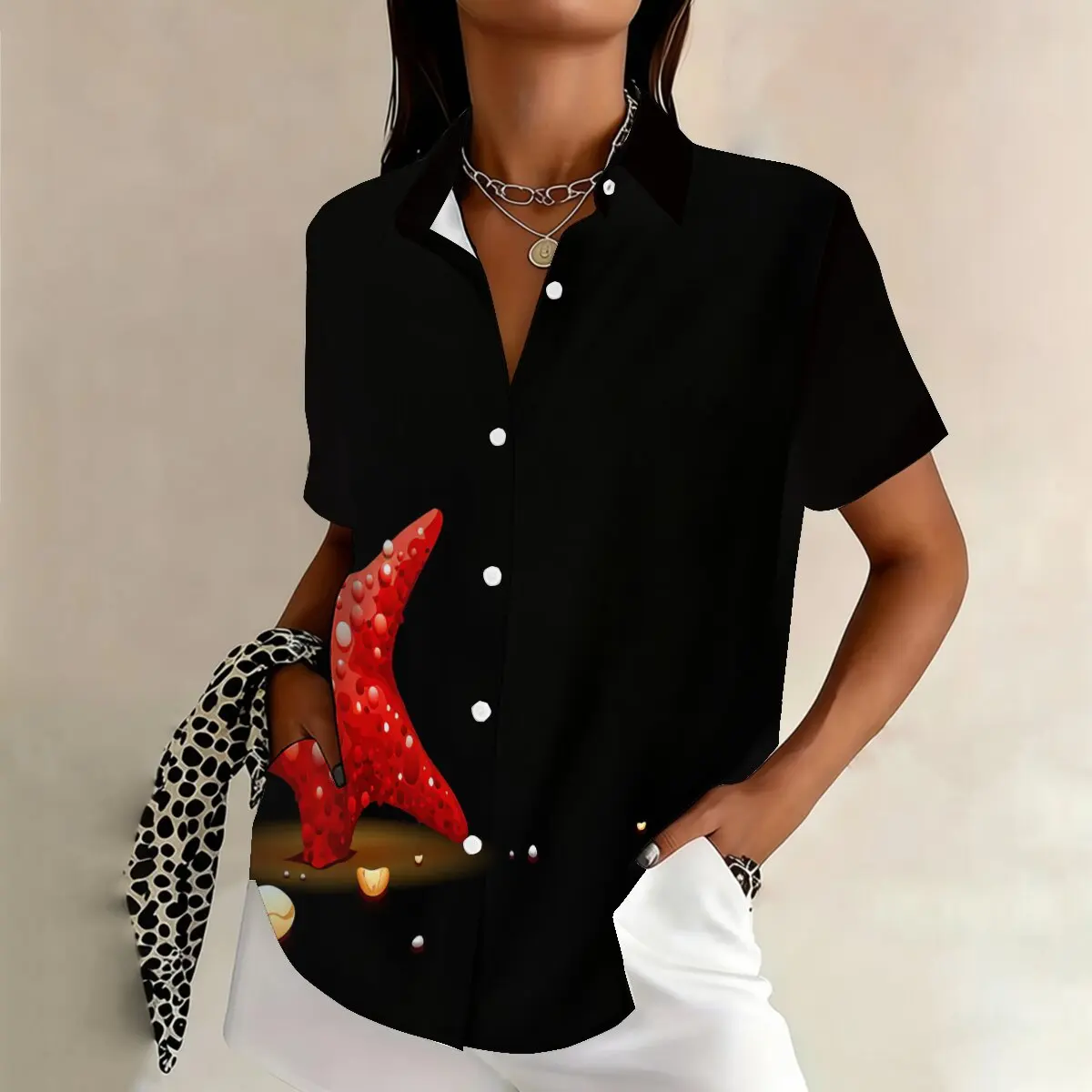 

Летняя женская рубашка больших размеров с однобортной застежкой, креативным узором в виде морских звезд, модная и художественная, подходит для работы.