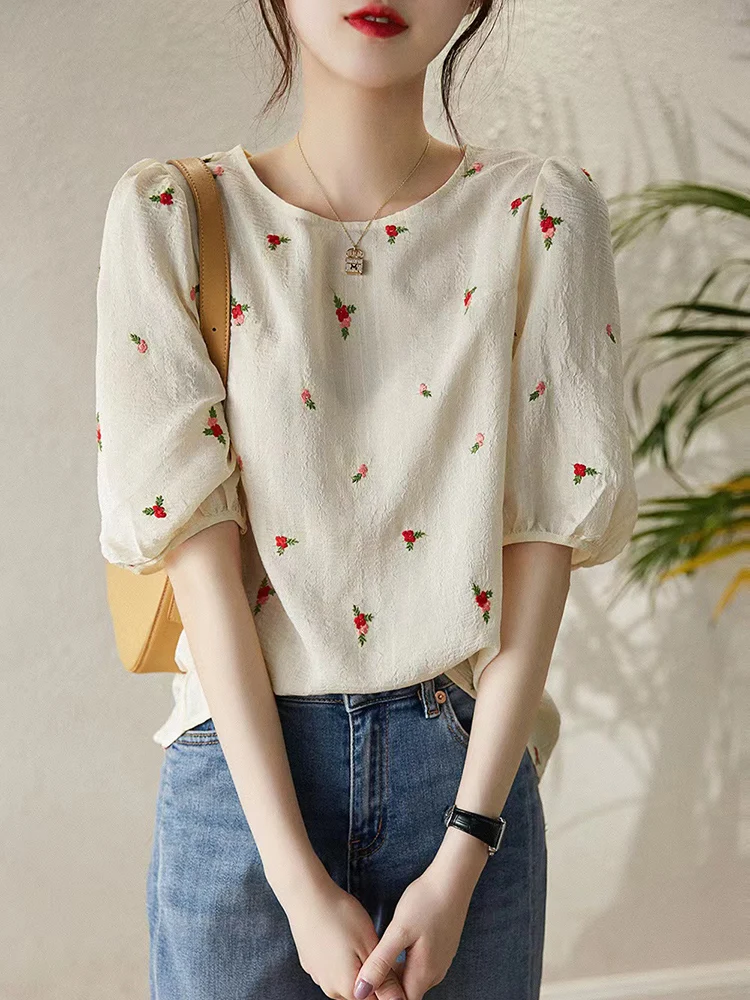 

Summer Women Clothing 2023 Fashion Vintage Floral Embroidery T Shirt Camiseta Mujer 3/4 Puff Sleeve Top Haut Femme