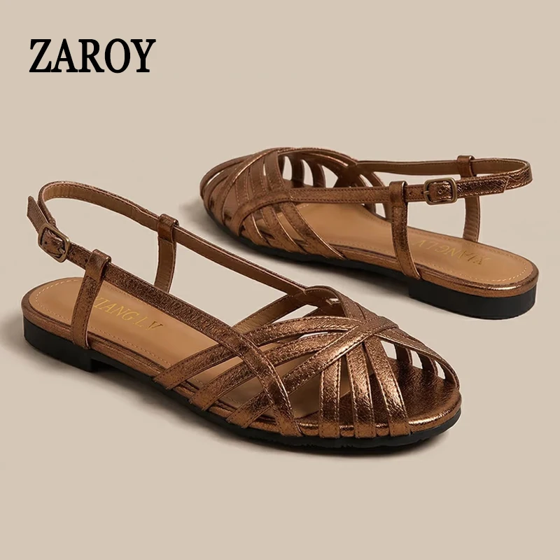 ZAROY Women's Designer Flat Sandals Summer Peep-toe Narrow Band Slingback Roman Shoes Beach Holiday Footwear Brand Sandalias