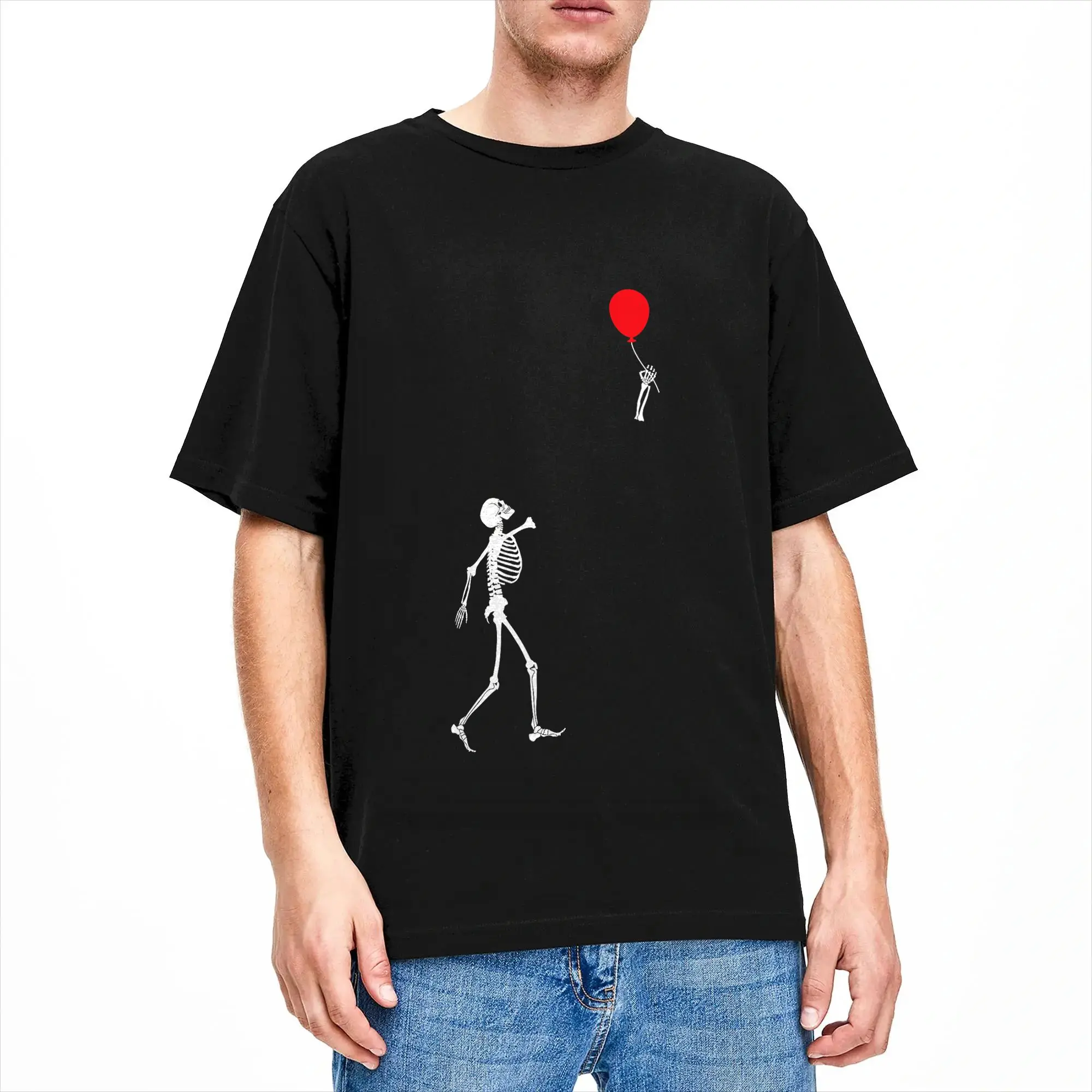 Skeleton with balloon funny artistic T-Shirts Men  Funny Cotton Tee Shirt Crewneck Short Sleeve T Shirts Printed Clothes