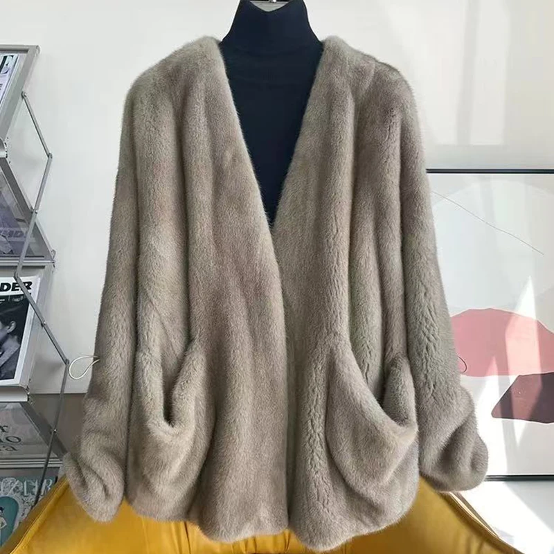 

Норковое пальто женское зимнее роскошное пальто с v-образным вырезом и большим карманом, высококачественное пальто из натурального меха Veste Femme, теплое пальто с рукавами епископа, уличная одежда