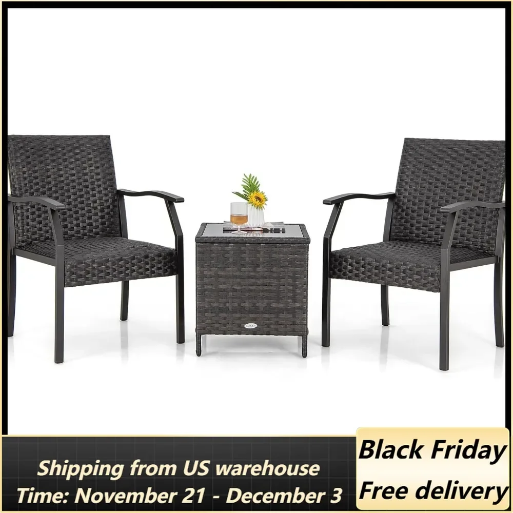 3 Pieces Patio Wicker Chair Set, Waterproof All Weather Resistant Heavy Duty Outdoor Conversation Set with Quick Dry Foam