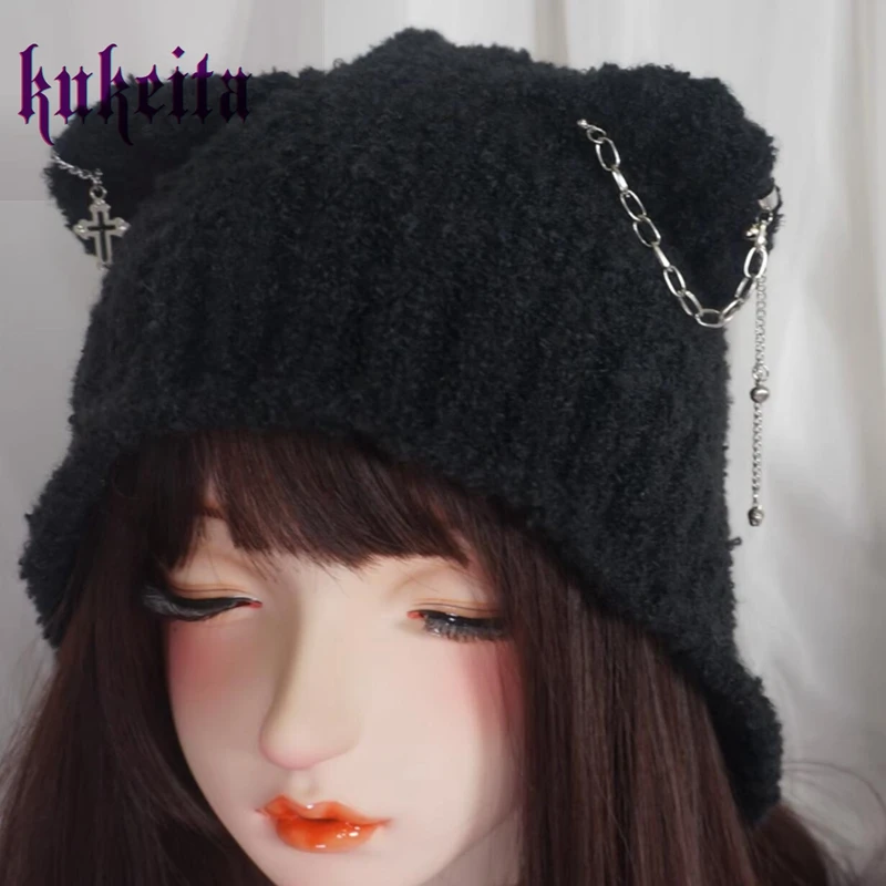 Harajuku gotycka damska urocza wełniana czapka zimowa ciepła jagnięca czapka polarowa czapka typu Beanie Y2k Punk urocza dzwoneczka czapka z