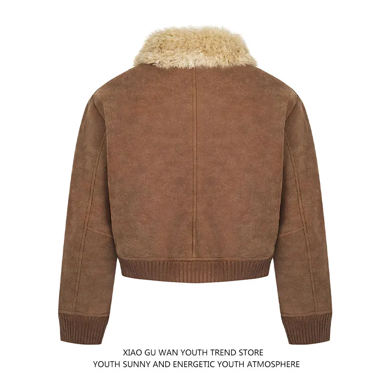 Kurtka zamszowa dla par, bawełniana, luźna, ciepła odzież wierzchnia na zimę, młodzieżowa moda, styl amerykański casual, bez kaptura, zapinana na zamek.