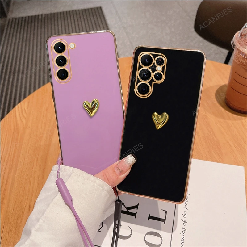 For Samsung Galaxy S23 Ultra 5G S23 Plus S22 S21 S20 FE 3D Gold Heart Plating Silicone Soft Case S 24 23 22 21 20 Cover S24ultra