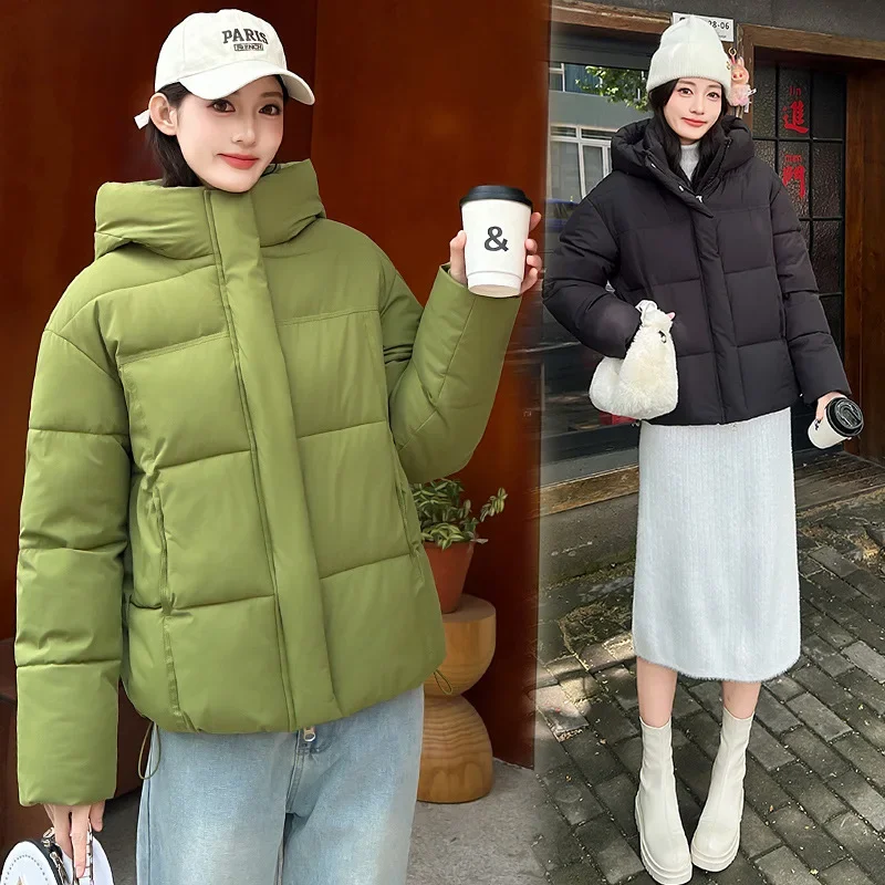 Thick Warm Solid Loose Winter Jackets Long Sleeve Hooded Stand Collar Women Cotton Padded Jackets Pockets Fashion Casual Parkas