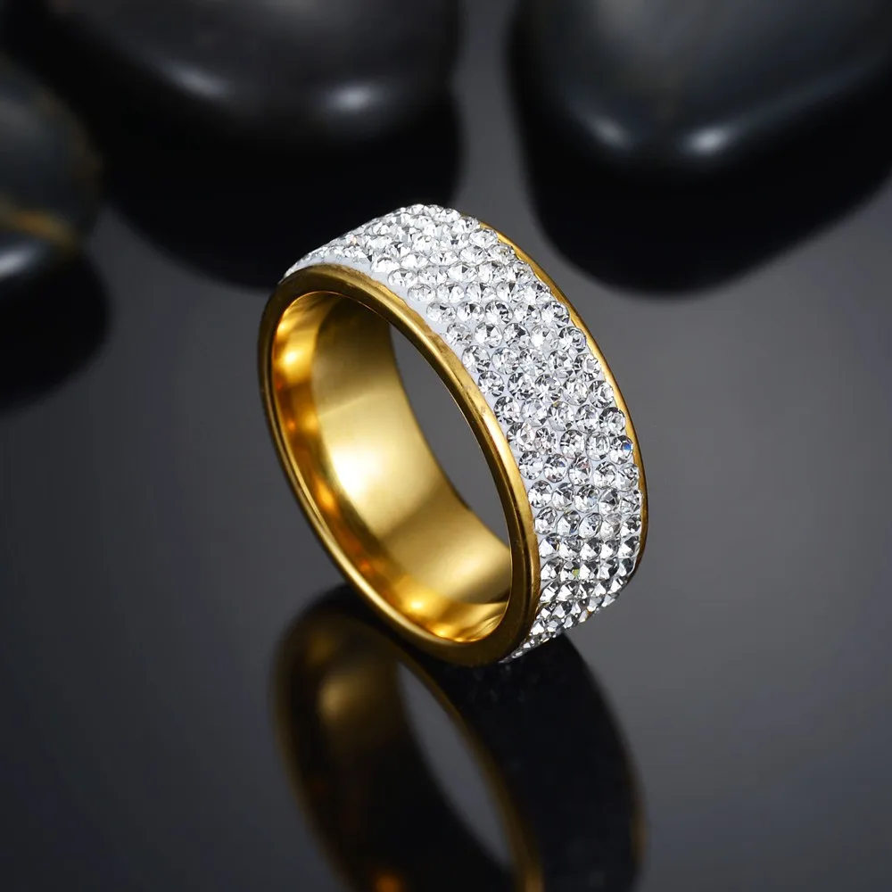 5 Row Lines Clear Crystal Wedding Rings For Women Fashion Rhinestone Stainless Steel Female Teen Engagement Finger Jewelry