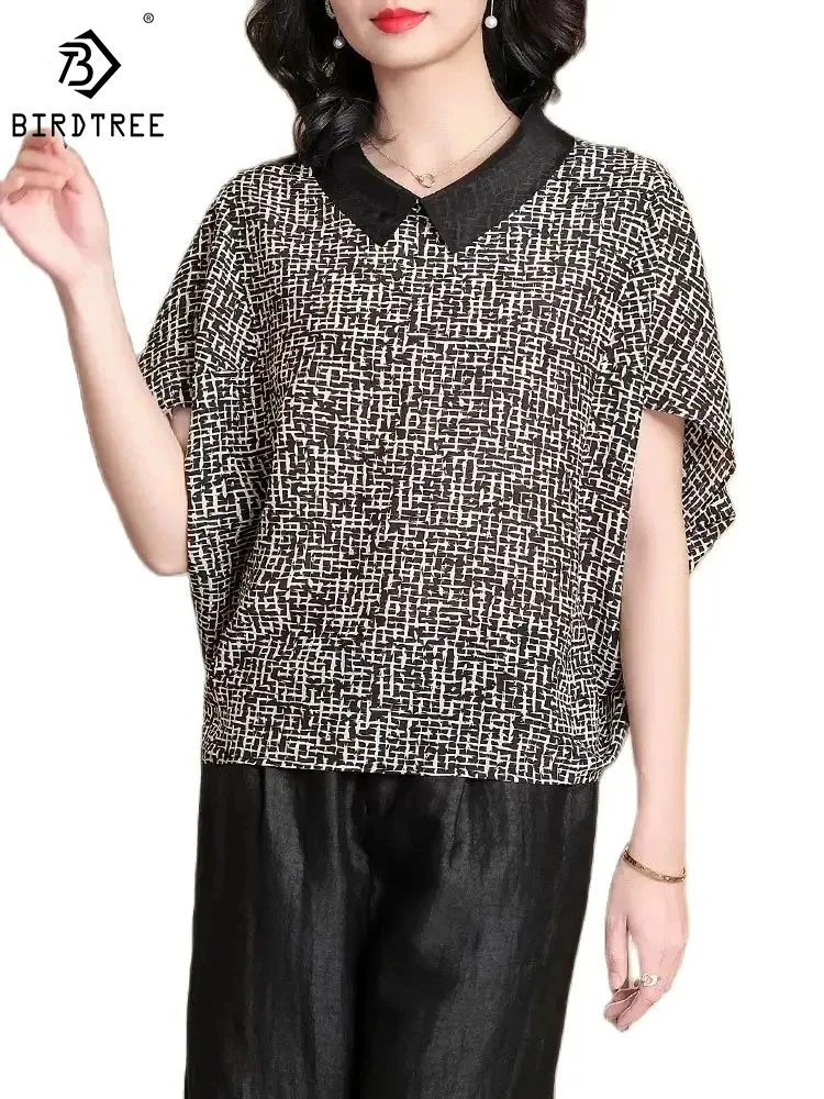 

BirdTree,Lapel Short Sleeve Print,100%Mulberry Silk Shirt for Women,Loose Retro Office Blouses,2024 Spring New Tops T42305QM