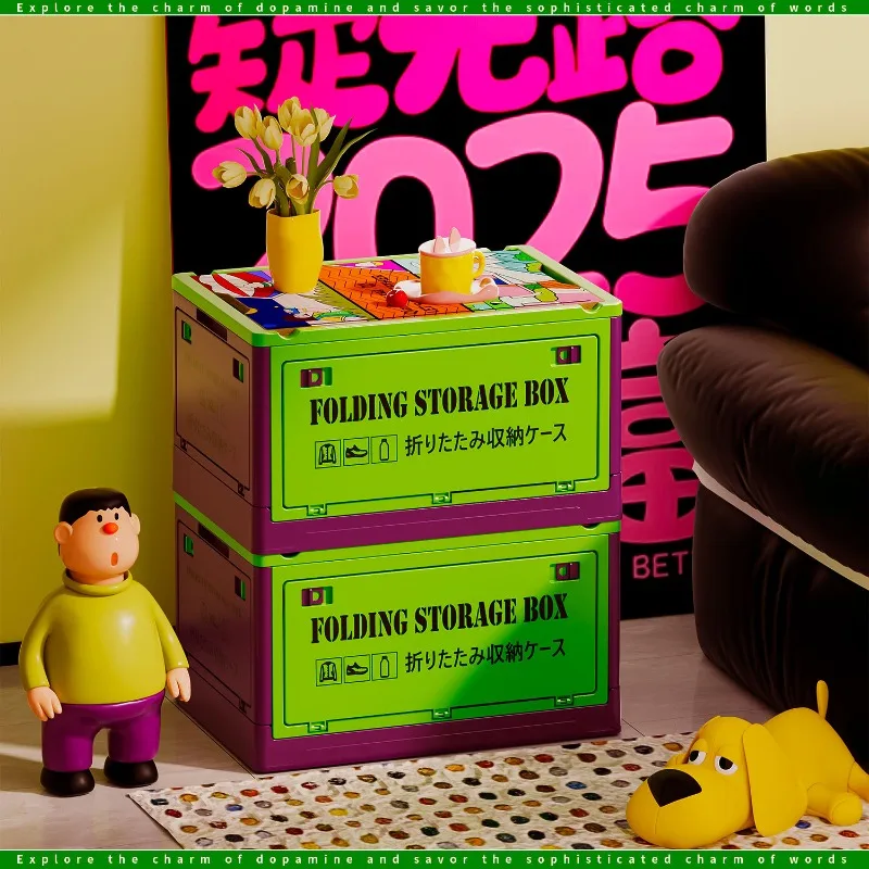 

Foldable wooden lid storage box, portable storage container, large capacity side opening large capacity car folding box