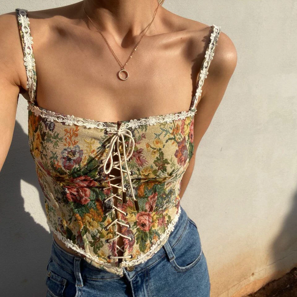 Süße Vintage Blumen Jacquard Korsett Stickerei Bustier Top Retro Fischgräten Schnürung Korsett Renaissance Korsett Leibchen Weste