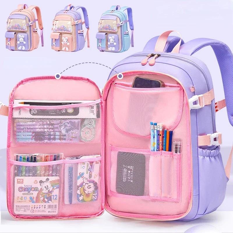 Primary School Schoolbag for Girls Cute Students Backpack Large Capacity Waterproof Side Open Children's School Bags Book Bag