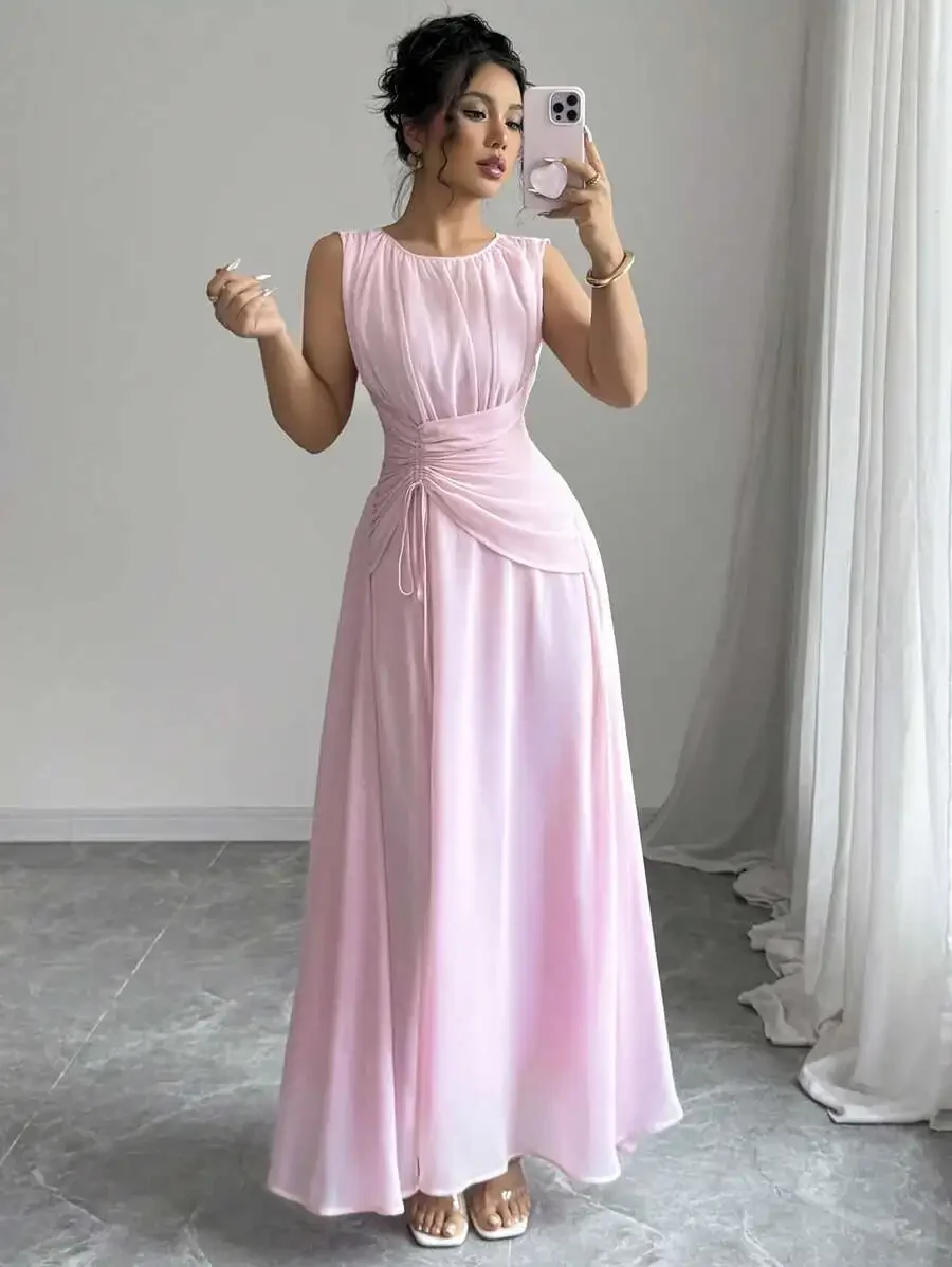 

Women's Sleeveless Chiffon Maxi Dress with Drawstring Waist, Elegant Flowy Fit for Beach or Party