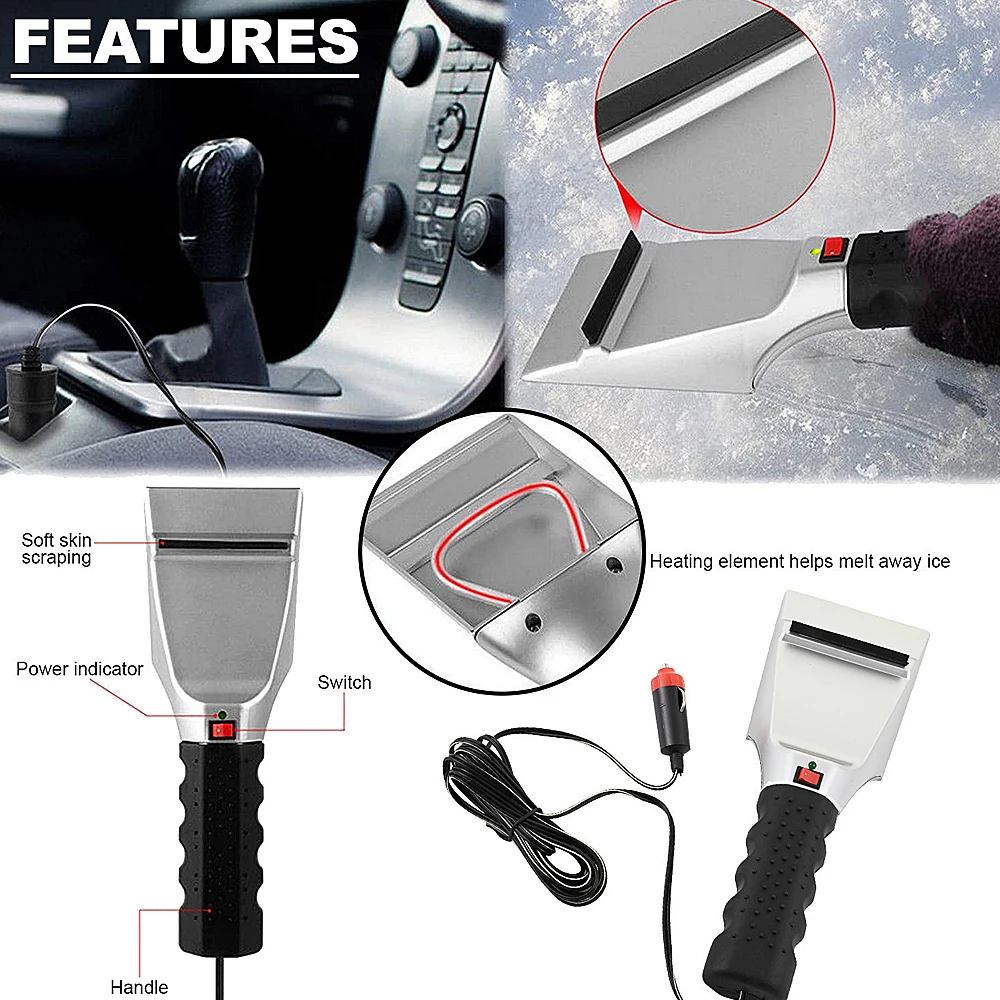 12V Car Winter Cigarette Lighter Snow Shovel Electric Heated Ice Scraper Detailing Brush Car Windshield Snow Scraper Brush Tools