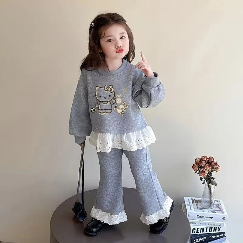 فتاة الملابس مجموعات الخريف طفل مرحبا كيتي بلوزات البلوز الدانتيل تقليم بلوزات وسراويل 2 قطعة دعوى الأطفال الحلو رياضية وتتسابق #3