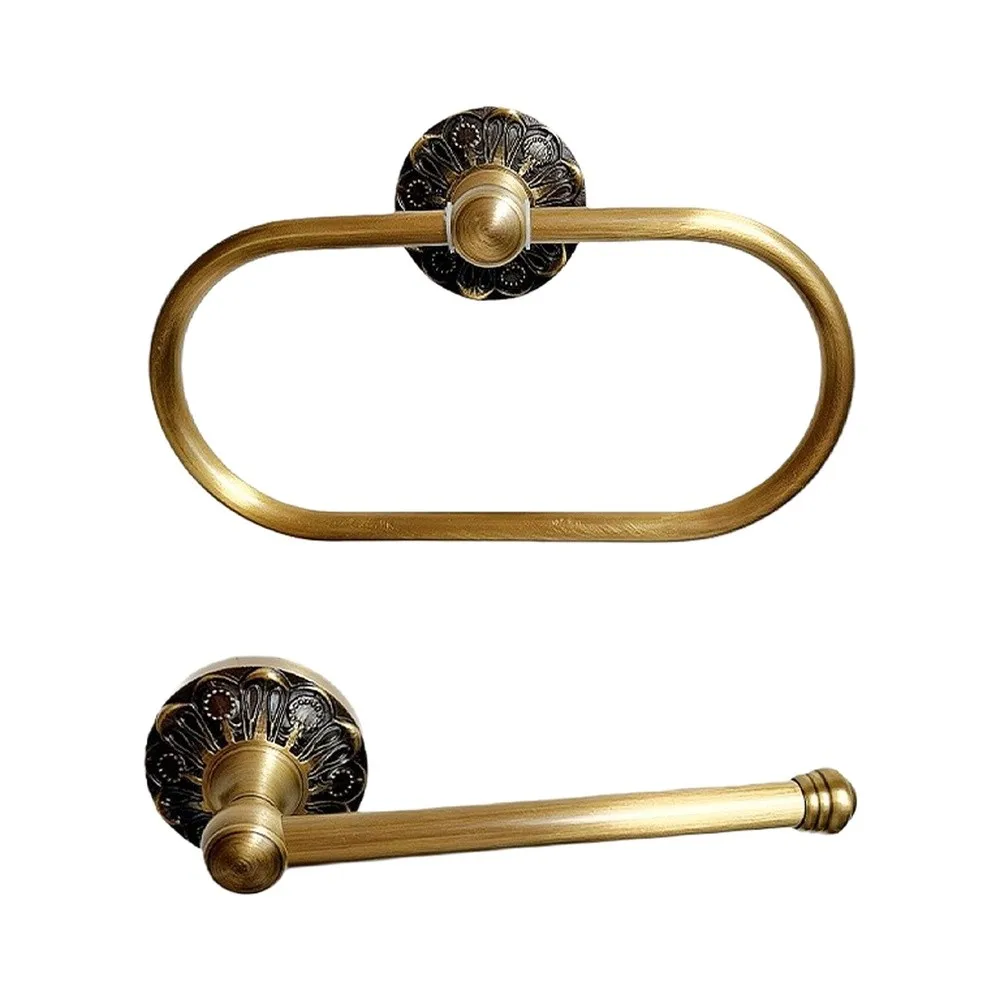 2PCS Elegant Antique Brass Towel Ring And Toilet Paper Holder Set For Bathroom Wall Mount Hardware Accessories