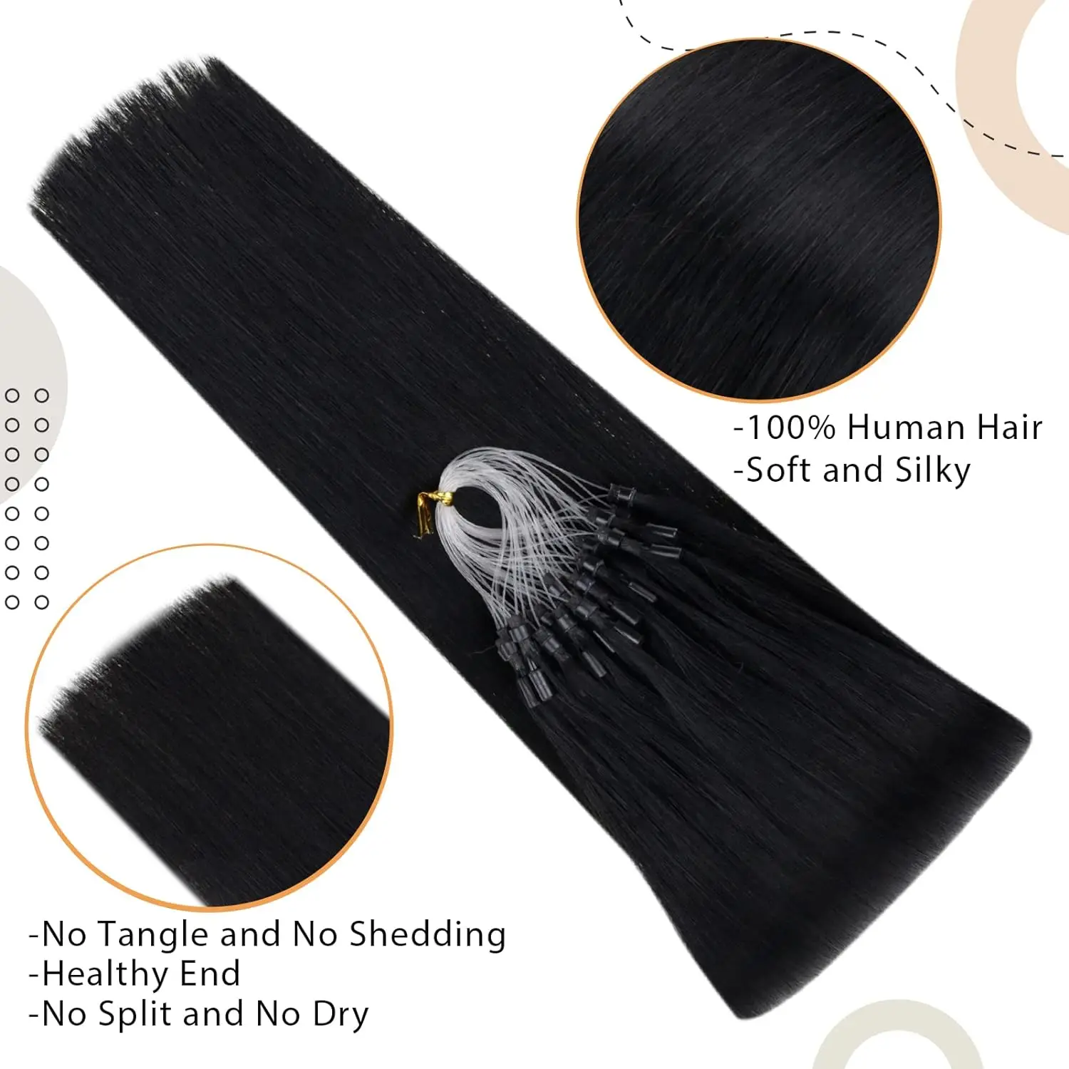 Micro Loop Human Hair Extensions Micro Ring Fish Line Link Hair Extensions Cold Fusion Remy Hair For Women #1B Color 16-26 Inch