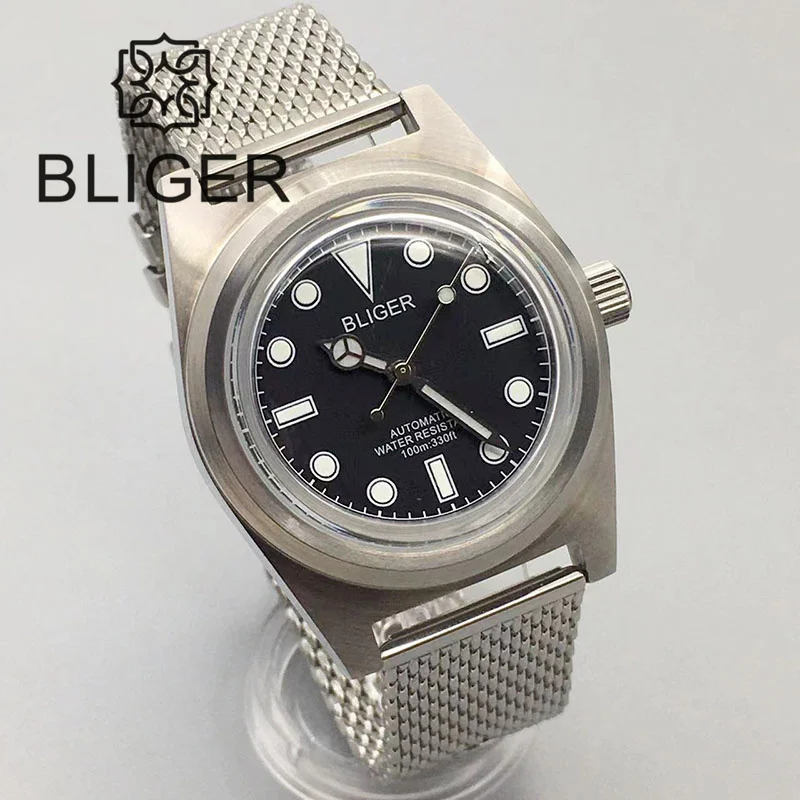 BLIGER New 38mm Domed Coated Glass Watch For Men Mesh Band NH35 Movement Fixed Bezel Black Dial Green Luminous Waterproof