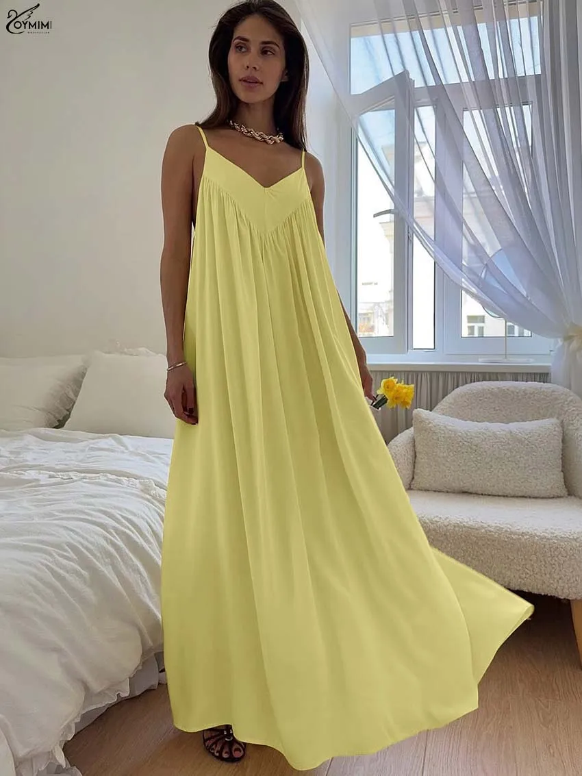 

Oymimi Casual Yellow Loose Women's Dress Fashion Spaghetti Strap V-Neck Dresses Elegant Solid Ankle-Length Dresses Streetwear