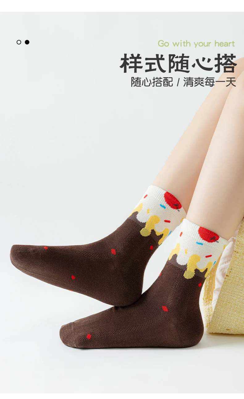 5 Paar Kinder Sommer Dünne Socken Nahtlos Blasenfrei Niedlicher Cartoon-Katzen-Kuchen-Druck Atmungsaktive Mesh-Baumwollsocken Wadenlange Socken für Mädchen 1 – Detail 9