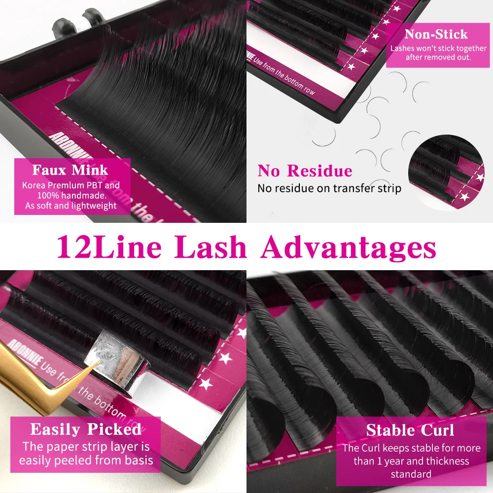 Abonnie High-Quality Faux Mink Eyelash Extensions Individual Lash False Eyelashes 12Rows C D Soft And Natural Lashes