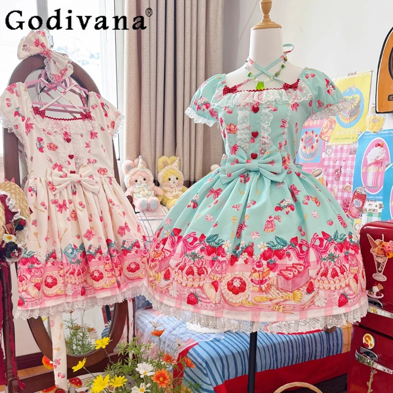 

Original Strawberry Print Birthday Dresses Japanese Lolita Style Cute Bow Short-sleeved Dress Girls Summer New Kawaii Dress 2025