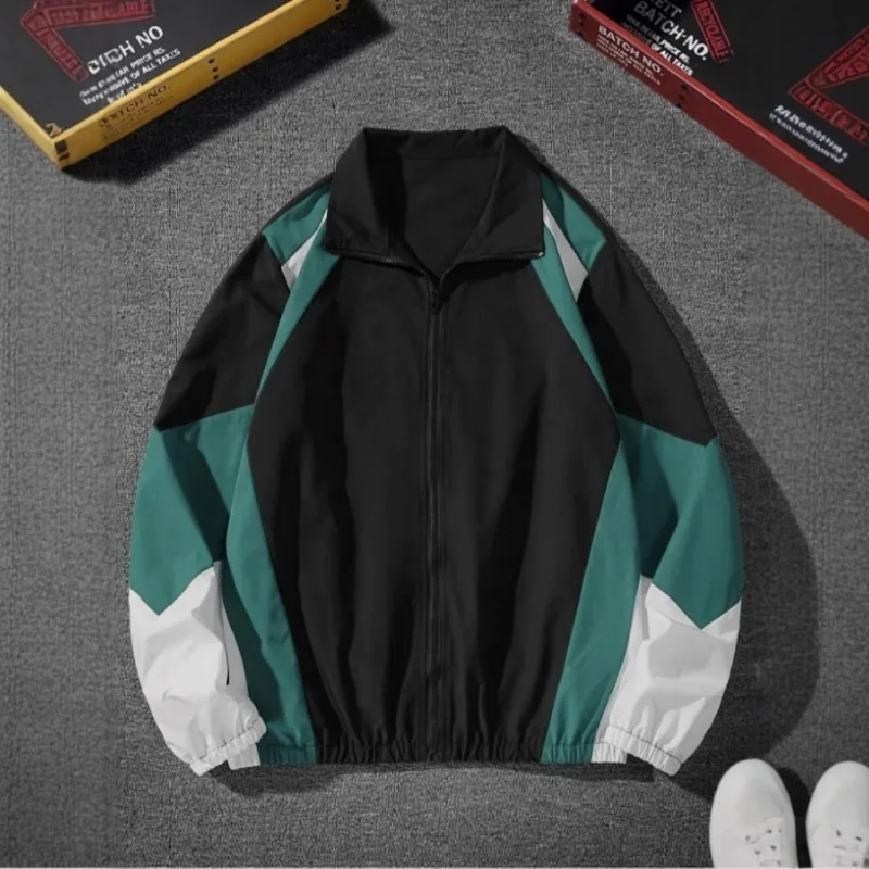 Men Colorful Spliced Zip Jacket Lightweight Long-sleeved Lapels Top Casual Travel Coats & Jackets Suitable for Spring and Autumn