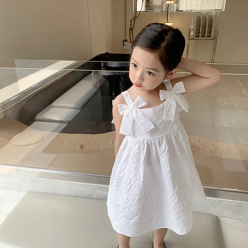 Summer Children Girls  White Suspender  Dress Baby Girl Bow  Sling Princess Dress