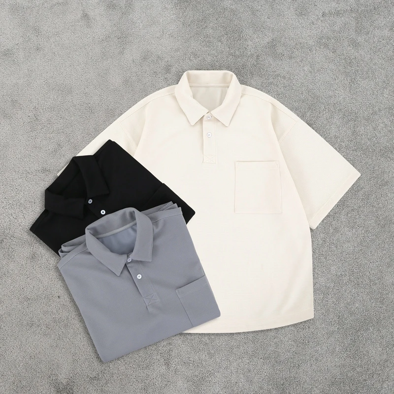

Вафельные рубашки поло с коротким рукавом и карманами, однотонная футболка с лацканами для мужчин и женщин, летние повседневные свободные футболки высокого качества