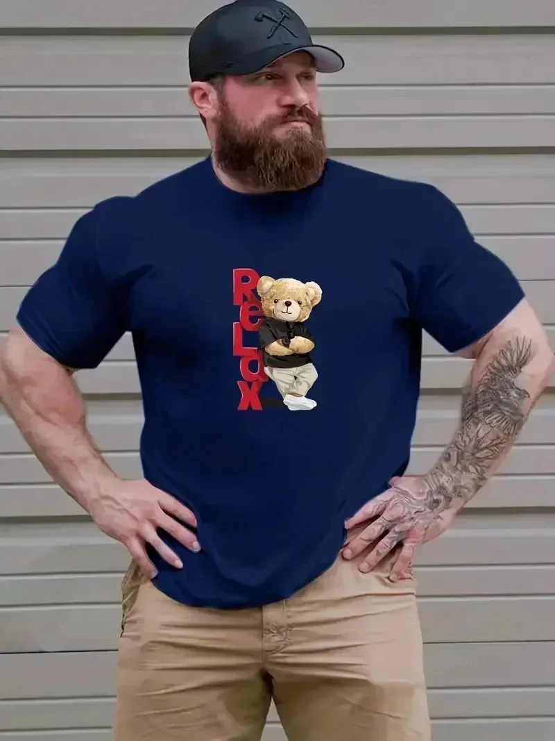 Relax Teddy Bear Graphic T-shirt For Men, Plus Size Summer Casual Tees For Big & Tall Man Tees for Summer, Mens Clothing