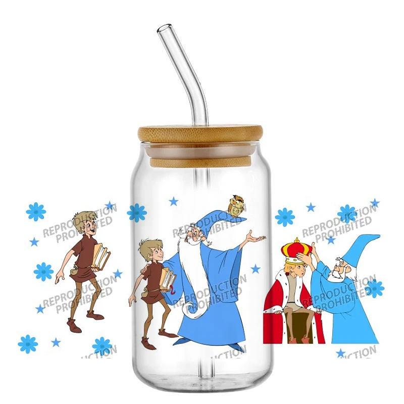 신제품 디자인 '돌 속의 검' UV DTF 컵 랩 16온스 방수 UV DTF 전사 스티커 유리컵 머그컵 DIY 만화 랩