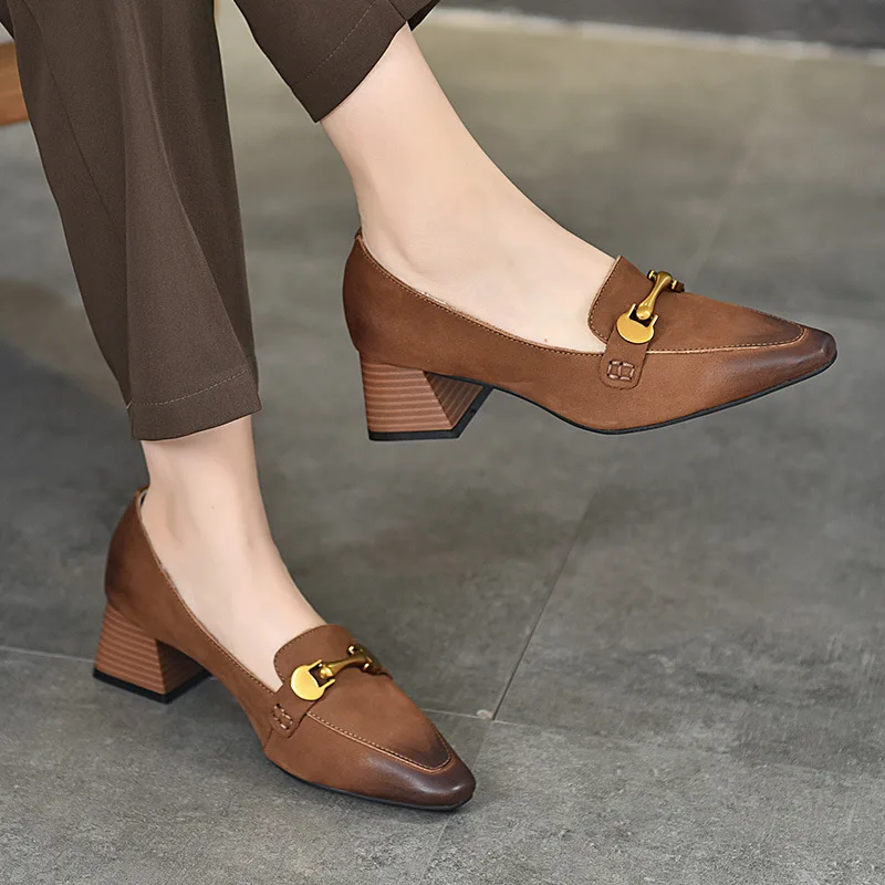 

KNCOKAR Thick Heel Ladies Pumps Genuine Leather Pointed Toe Colorful Square Heels Party Handmade Large Size Shoes Women