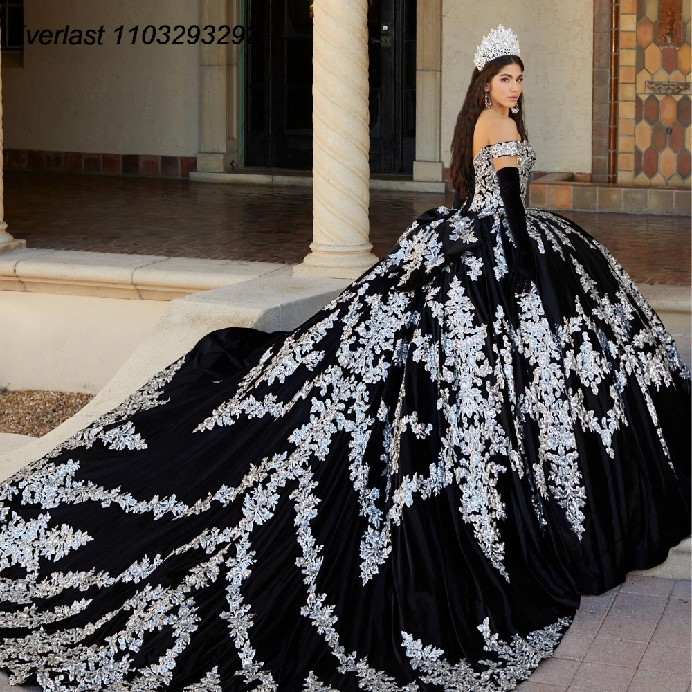 

EVLAST Customized Glitter Black Quinceanera Dress Ball Gown White Lace Applique Beading Corset Sweet 16 Vestido De 15 Anos E1Q25