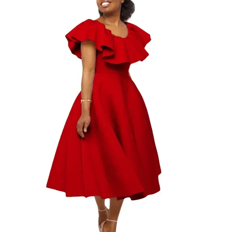 Plus Size Summer Fashionable And Elegant Solid Color Ruffle Edge Banquet Mid Length Large Swing Dress Plus Size  Women'S Dress